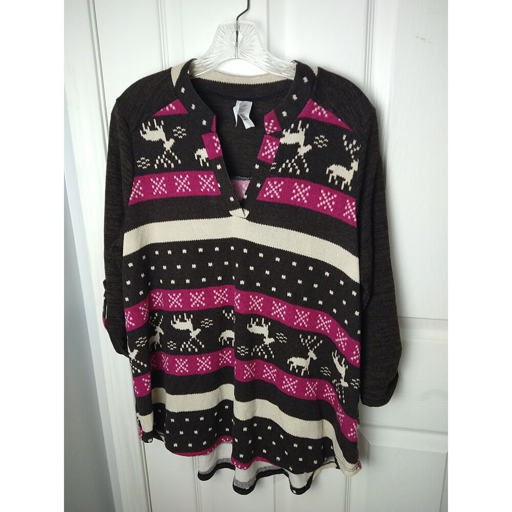 Honeyme Woman L Popover Sweater Snowflake Reindeer Hi Low Hem Roll Tab Sleeve